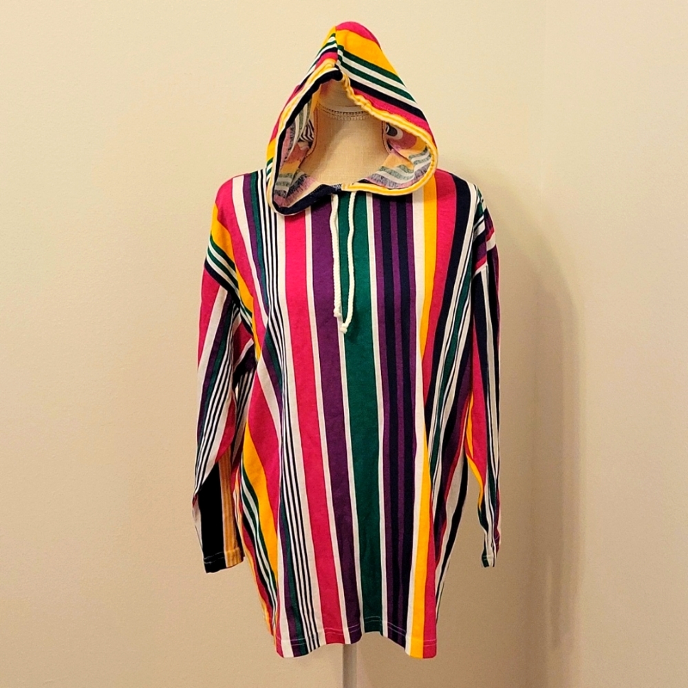 Vintage Simply Basic 3/4 sleeve bright colorful hoodie with stripes in size L
